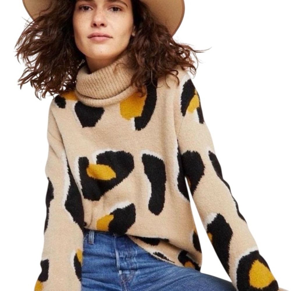 Moth by Anthropologie Beige Turtleneck Animal Print Sweater with Mustard Accents